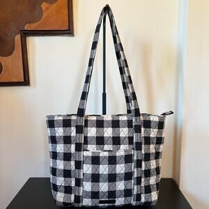 Vera Bradley Buffalo Plaid Quilted Zippered Tote Shoulder Bag Black White